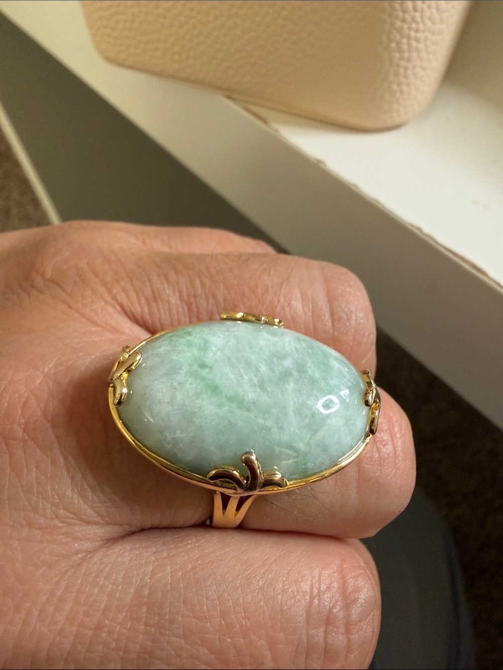 Gold Jade Oval Statement Ring - Green Jade Ring